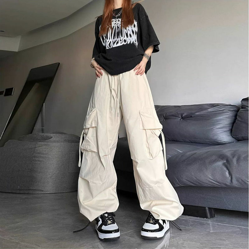 Macacão de rua feminino estilo paraquedas hip-hop, calças de bolso grandes, calça Harajuku solta, calça casual monocromática, Y2K