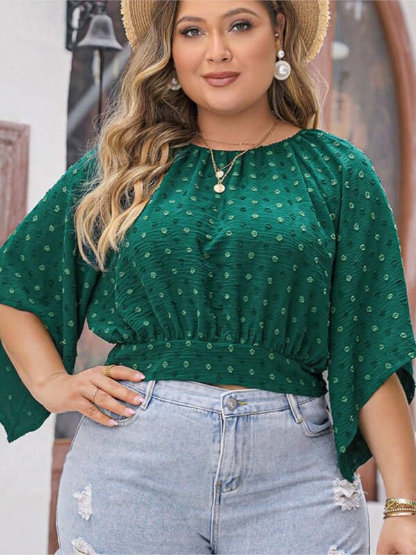 Plus Size Spring Summer Pullover Tops Women Polka Dot Embroidery Fashion Pleated Ladies Cropped Blouses Loose Casual Woman Tops