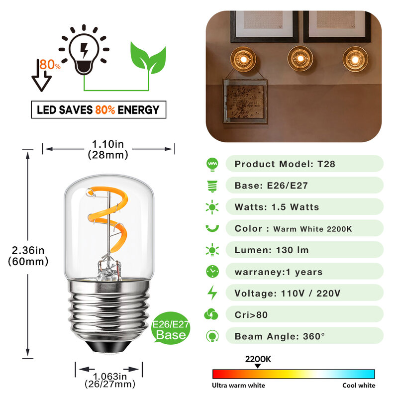 4PCS Decorative LED Bulbs E27 1.5W T28 Vintage Edison Light Lamp Chandelier Candle Replacement Dimmable Spiral LED Filament Bulb