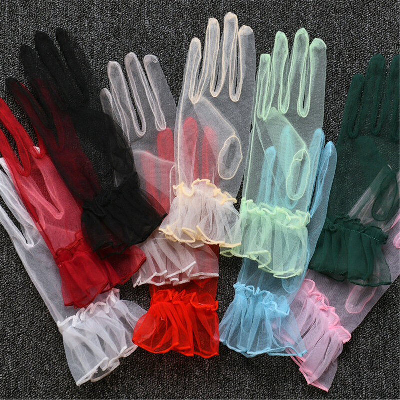 Guantes cortos de tul para mujer, manoplas Transparentes de encaje elástico con dedos completos, color blanco y negro, para Otoño y verano