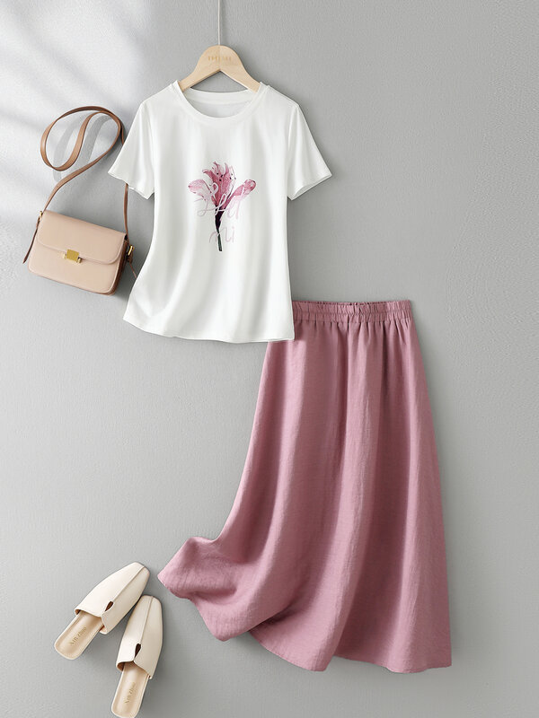Fato simples feminino de meia saia, camiseta estampada floral, textura de linho elástica na cintura, saia guarda-chuva, novo verão, 2022