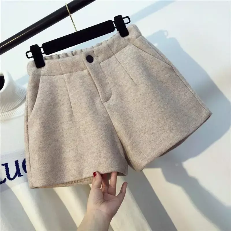 กางเกงขาสั้นผ้าขนสัตว์ S-4XL ผู้หญิงฤดูหนาวสีพื้นพื้นเสื้อผ้า MODE Korea สำหรับสาวออฟฟิศเอวสูงใส่สบาย