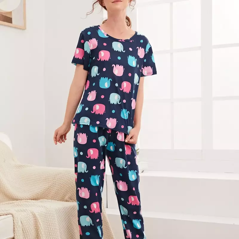Conjunto de pijamas com estampa de elefante duplo para mulheres, pijamas macios, manga curta, calça comprida, roupa caseira, primavera, verão