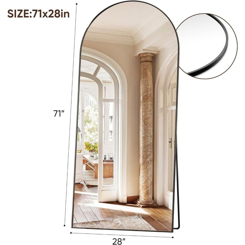 Miroir sur pied pleine longueur avec support, miroir de sol aéré de 71x28 po, miroir sur pied arqué, miroir complet avec support