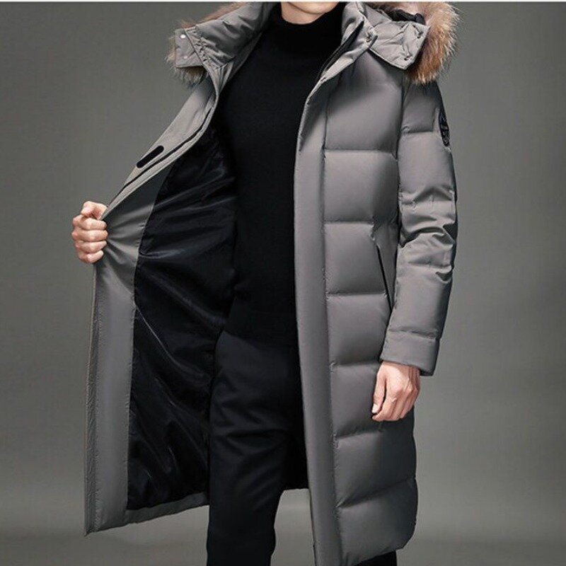 남성용 화이트 덕 다운 재킷, 중간 길이 루즈 파카, 두껍고 따뜻한 멋진 외투, 후드 트렌드 오버코트, 겨울 코트, 2023 신상