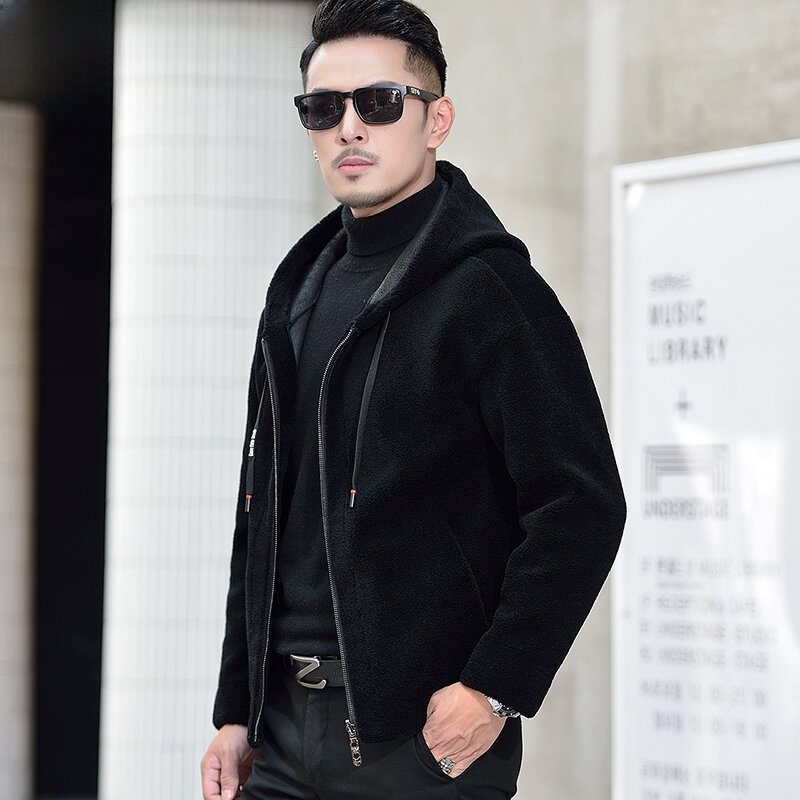 2023 Autumn Winter Men's New Solid Color Hooded Coats Male Double-sided Wear Short Jackets Men Genuine Lambswool Outerwear P468