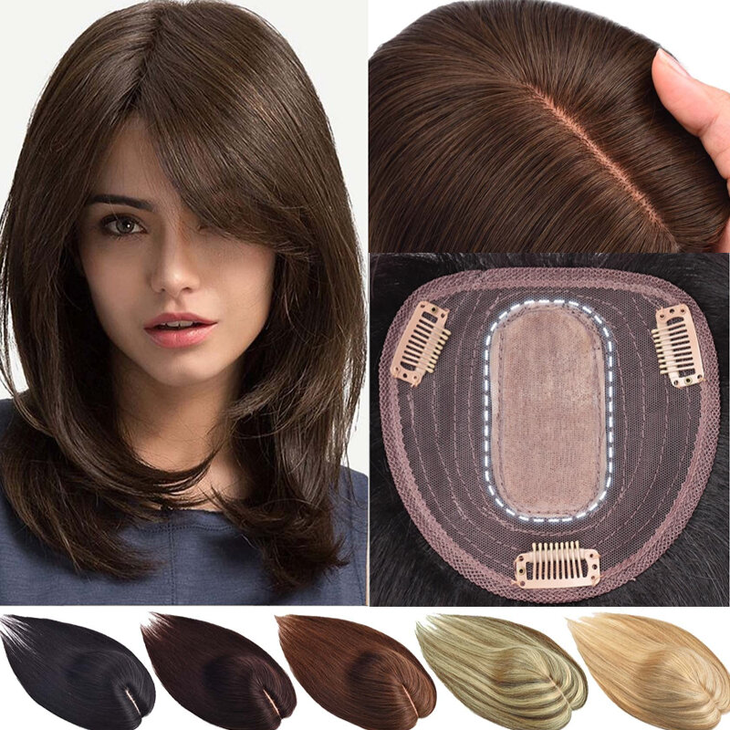 Silk Base Topper Clip In Real Human Hair Wigs Women Toupee Hairpiece With Bangs Blonde Hair Toppers For Women Hair Extensions