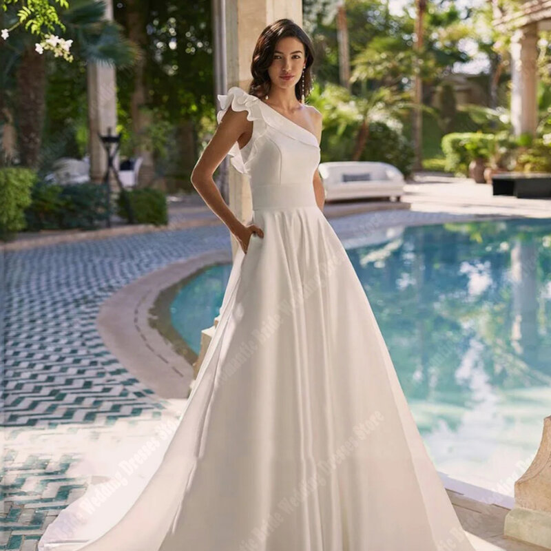 Gaun pernikahan lapisan Satin elegan gaun Prom punggung terbuka satu bahu tanpa tali bahu baru gaun pengantin A-Line Princess Vestido De Novia