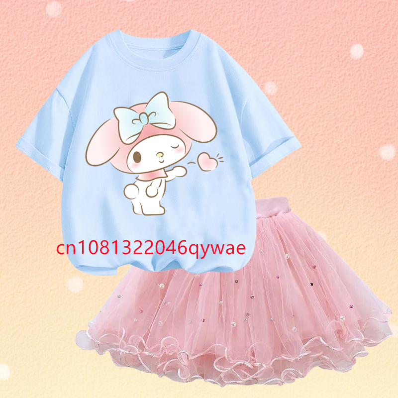 New Summer Kawaii Little Girls Clothing Sanrio Melody T Shirt Tutu Skirt Two Piece Set Fashion Korean Children Clothes 3-14years