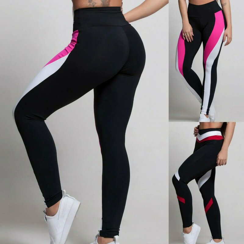 2024 Women's Fashionable Color Blocking Printed Style Leggings Elastic Yoga Dance Pants Gym Wear High Waist Slim Fit Costume