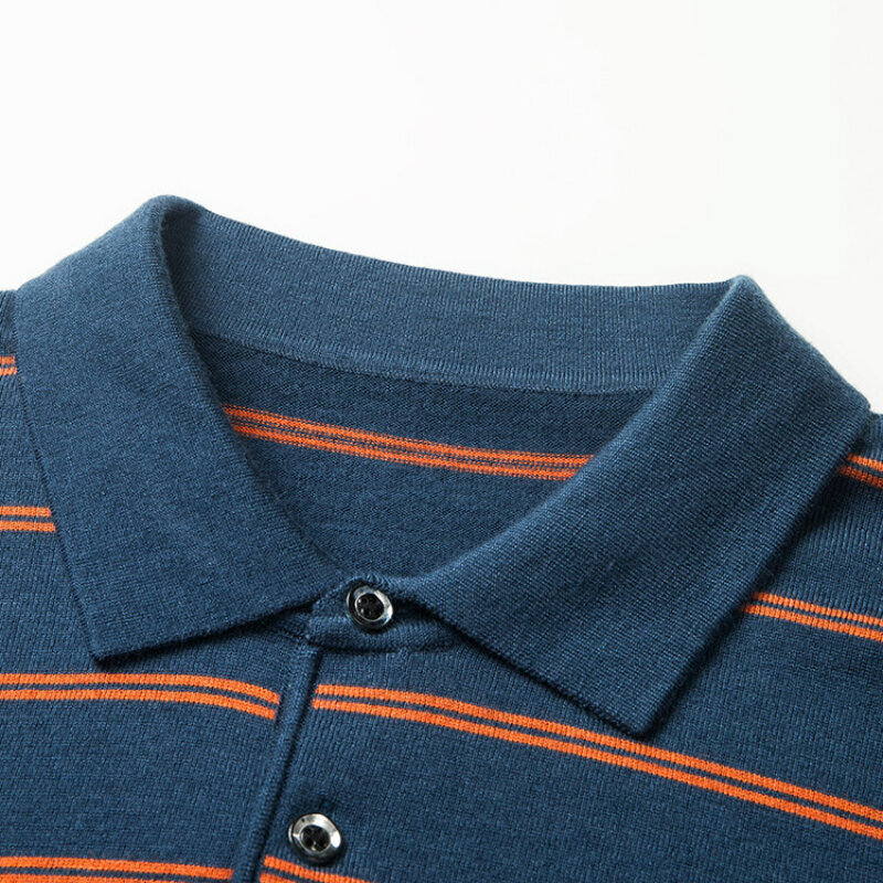 Camisa polo de manga comprida masculina, justa, camisa de malha quente, suéter listrado, blusa de gola, outono, inverno, nova, 2023