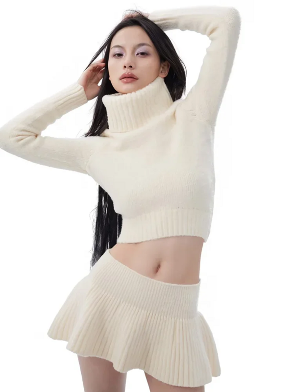Женский вязаный свитер и мини-юбка, комплект из 2 предметов, топ трапециевидной формы с высоким воротником и длинным рукавом, осенняя уличная одежда