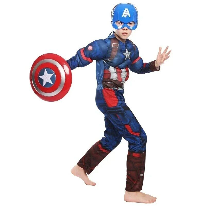 Capitão América Cosplay Costume para Crianças, Super-Heróis, Músculo, Macacão, Escudo, Halloween, Carnaval, Festa