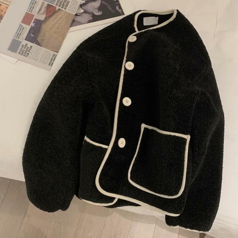 Women Coat Korean Style Loose Thick Winter Coat for Women Color Matching Patch Pocket Long Sleeve Resistant Single-breasted Lady