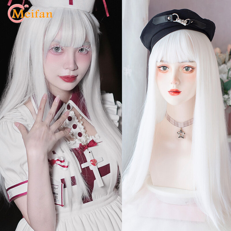 MEIFAN Synthetic Long Straight Cosplay Wig with Bangs Wig Girl Korean Cute Pink Blonde Black Party Halloween Lolita Wig