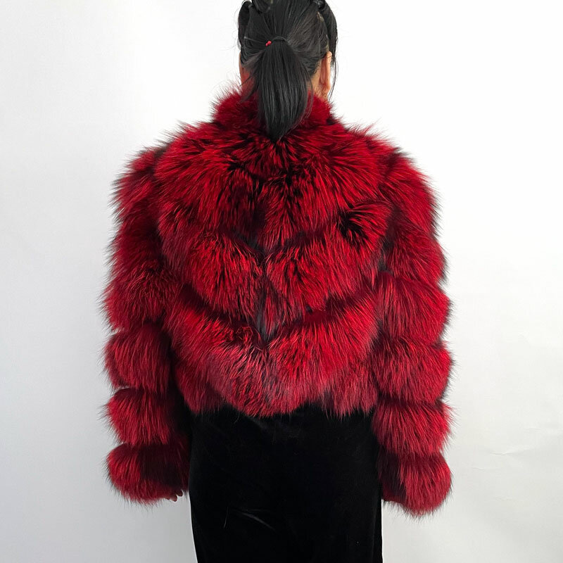 Abrigo de piel para mujer, chaqueta de piel de zorro de plata auténtica, cuello alto corto, corte en V, gruesa, cálida y suave, novedad de 2022