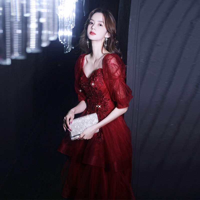 Gaun malam Tulle warna merah anggur gaun pengantin bahu terbuka applique wanita gaun Formal Modern elegan indah