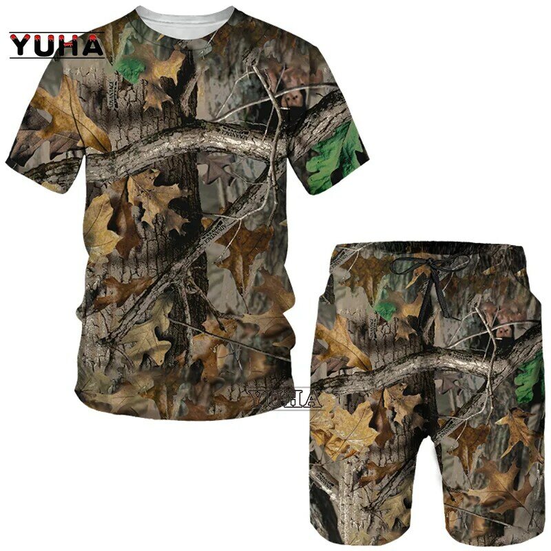 YUHA, polowanie letnie męskie 3D drukowane kamuflaż liście klonu T-Shirt/spodenki/garnitury Unisex Casual odzież sportowa outdoorowa krótki rękaw