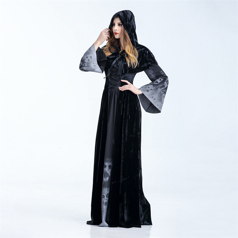 Nowy czarny kostium sukienka czarownicy mundur imprezowy szal spódnica pasek garnitur kostium sceniczny Halloween