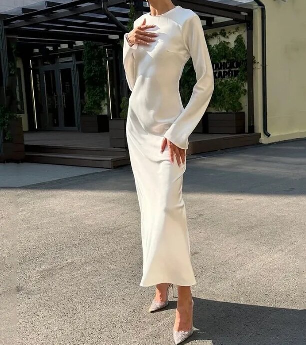 2024 nowa francuska elegancka sukienka damska jednolity kolor luźny pulower okrągły dekolt z długim rękawem i wysokim stanem Slim Fit a-line sukienka Maxi