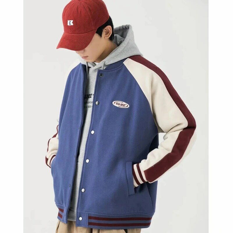남성용 아메리칸 컬러 블로킹 야구 재킷, 2024 싱글 브레스트 코트, 프린트 파일럿 대학 외투, Y2k, 캐주얼 패션, 신상