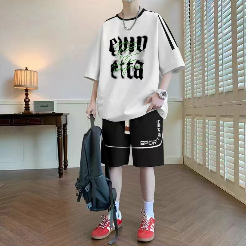 Summer Men Clothing Fashion Side Striped 2 Piece Tracksuit Men Short Sleeve Letter Tshirt + Casual Shorts Sets Trend Tracksuits