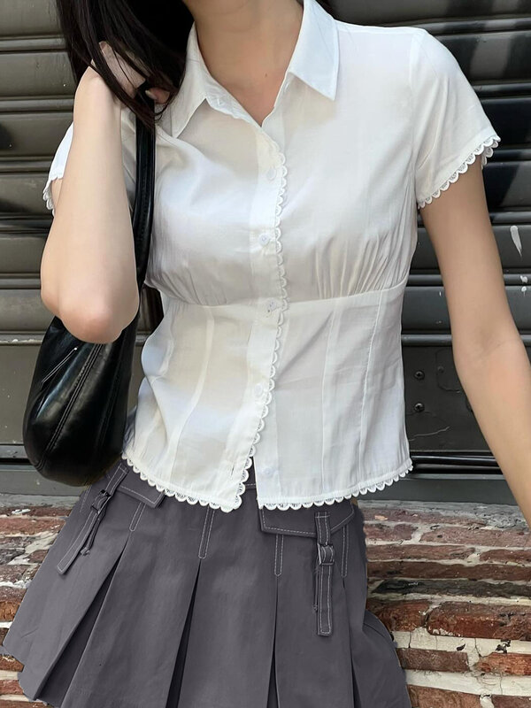 IAMSURE Prepppy Style Casual Solid Lace Trim Blouse Slim Turn Down Collar Short Sleeve Shirts Women 2024 Summer Fashion Ladies