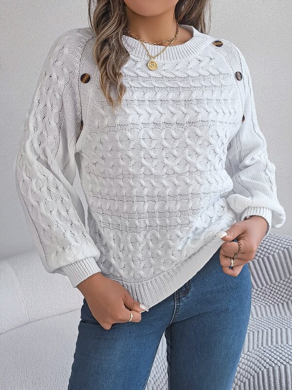 Casual Loose Fried Dough Twists Knit Sweater Pullover for Women's Pullovers 2023 New O-neck Solid Button Full Sleeve Pullover