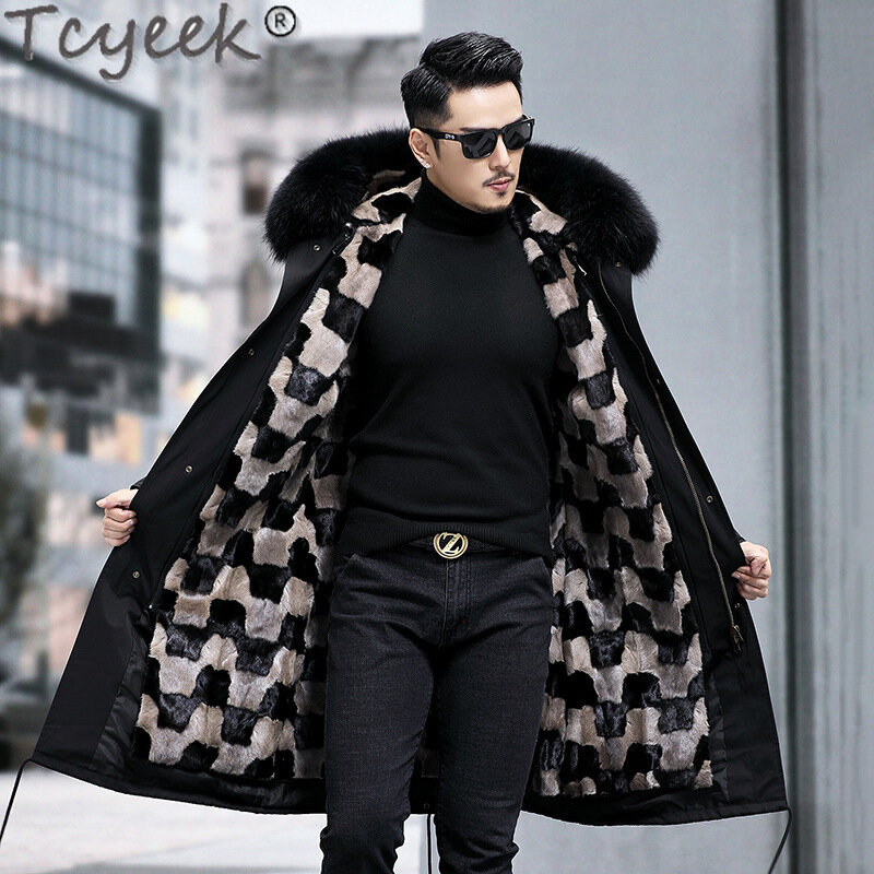 Tcyeek-Parka de piel de visón Real para hombre, chaquetas de invierno, ropa de moda cálida, abrigo de piel de zorro, cuello desmontable