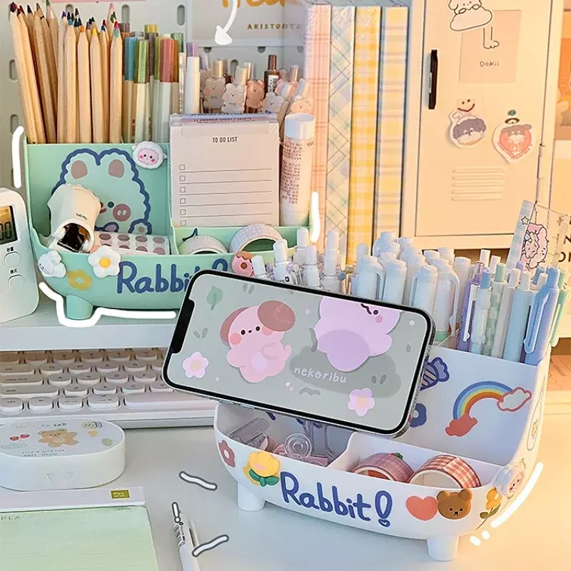 Kawaii Desktop Pen Holder Large-capacity Cute Stationery Storage Box Creative Cartoon Pencil Holder Ins Desk Organizer for Girls
