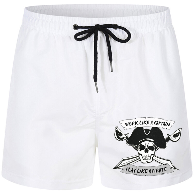 Shorts esportivos masculinos e femininos, padrão de caveira do capitão pirata, shorts de natação, shorts de surf, moda praia, verão, 2024