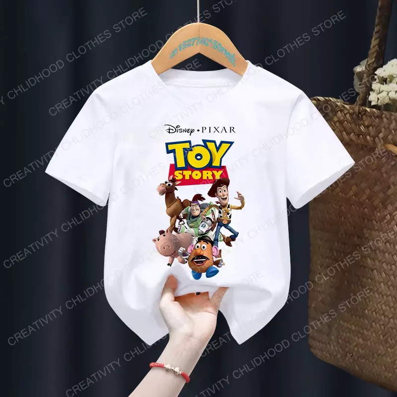 Toy Story T-shirt dla dzieci Woody Buzz Lightyear ubrania Kawaii z krótkim rękawem Anime Cartoon dla dzieci chłopcy dziewczęta T-shirt koszulka Casual Top