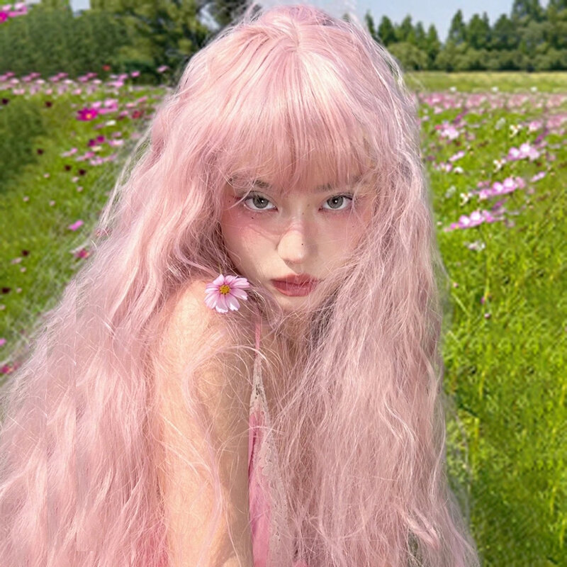 1, bardzo długa, kręcona, różowa peruka z kwiatami, na całą głowę, kobieta Lolita Water Ripple Cos