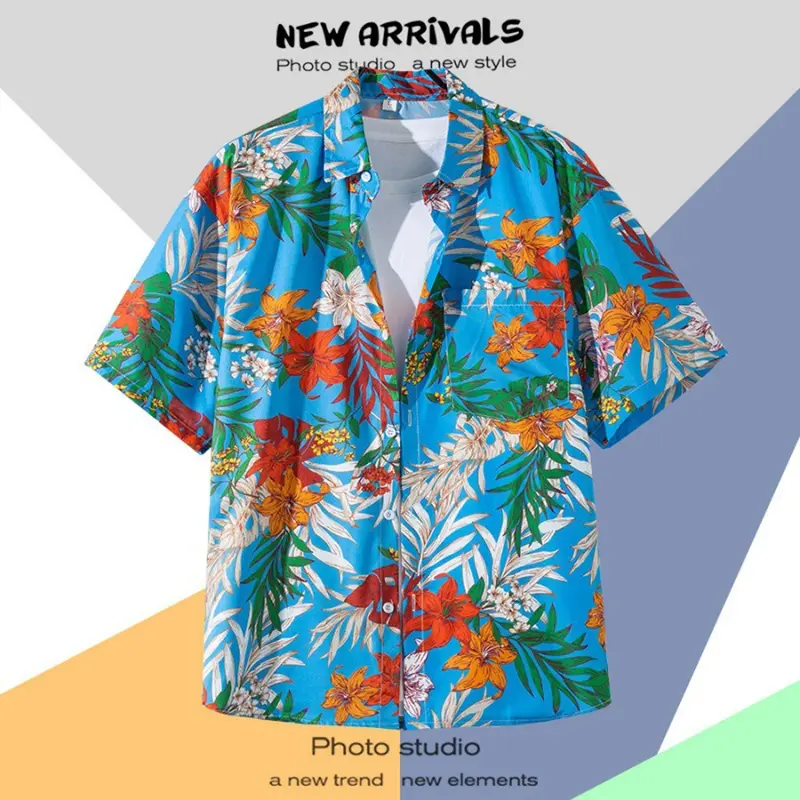 남성용 하와이안 셔츠, 오버사이즈 캐주얼 패션, 나뭇잎 인쇄 해변 Y2k 빈티지 반팔 셔츠, 여름 휴가 의류