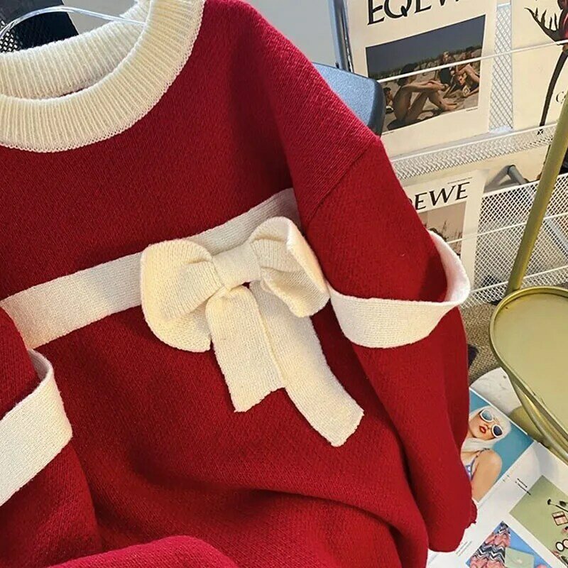 Koreański sweter modna kokardka sweter damski jesienno-zimowy dzianinowy damski sweter z długim rękawem miękki czerwony sweter damski