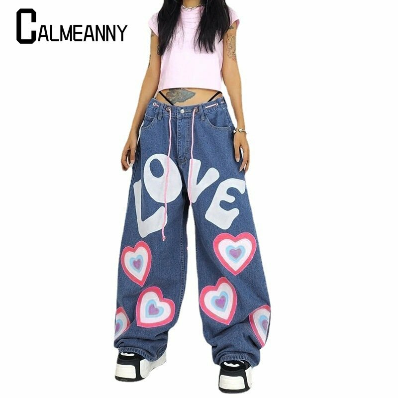 Spring Autumn New High Waist Loose Harajuku Style Casual Trouser Contrast Letter Heart Print Jeans Street Fashion Wide Leg Pants