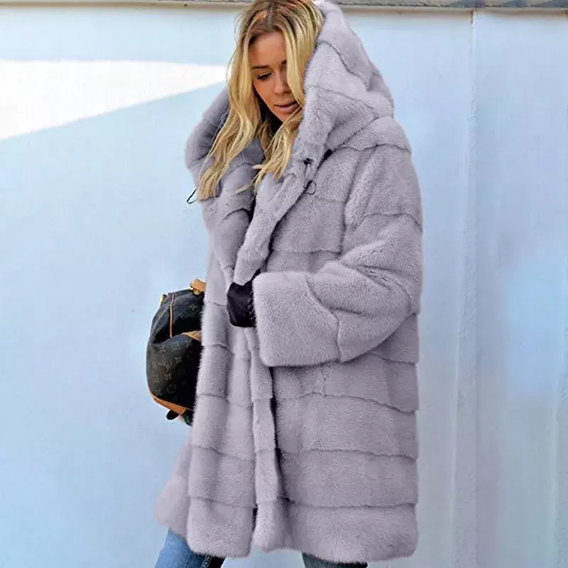 Średniej długości jednolity kolor luźny kaptur pluszowy futro jesienno-zimowy ciepły płaszcz