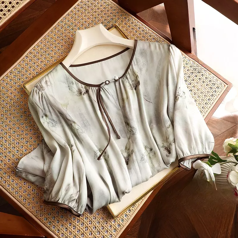 Blusa feminina de chiffon com decote em três quartos, camisas estampadas, tops soltos, roupas da moda vintage, verão