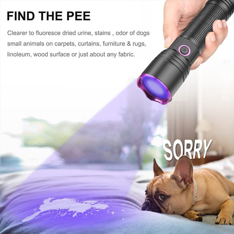 Linterna ultravioleta UV para caza, luz Dual blanca púrpura, 395nm, Zoom, detección de manchas de mascotas