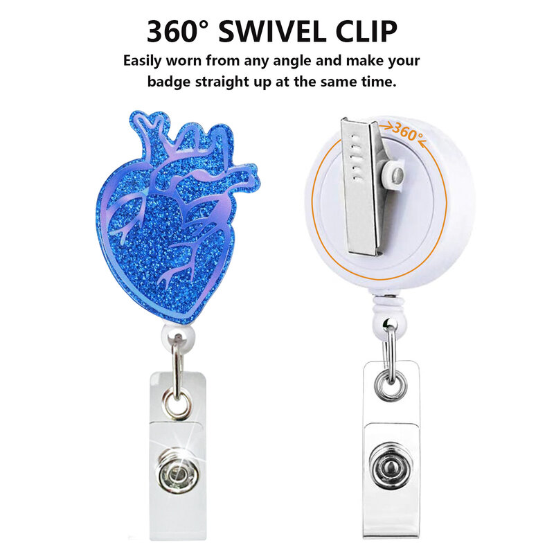 Heart Shape Acrylic Glitter Rotate Badge Reel Workers Nurse Id Holder Girl Boy Retractable Name Card Holder Accessory 1 Piece