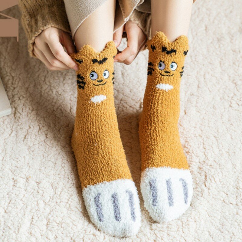 Women Socks Winter Cute Cat Paw Socks Coral Fleece Socks Female Autumn Soft Fluffy Bed Socks For Girl Warm Winter Female Home