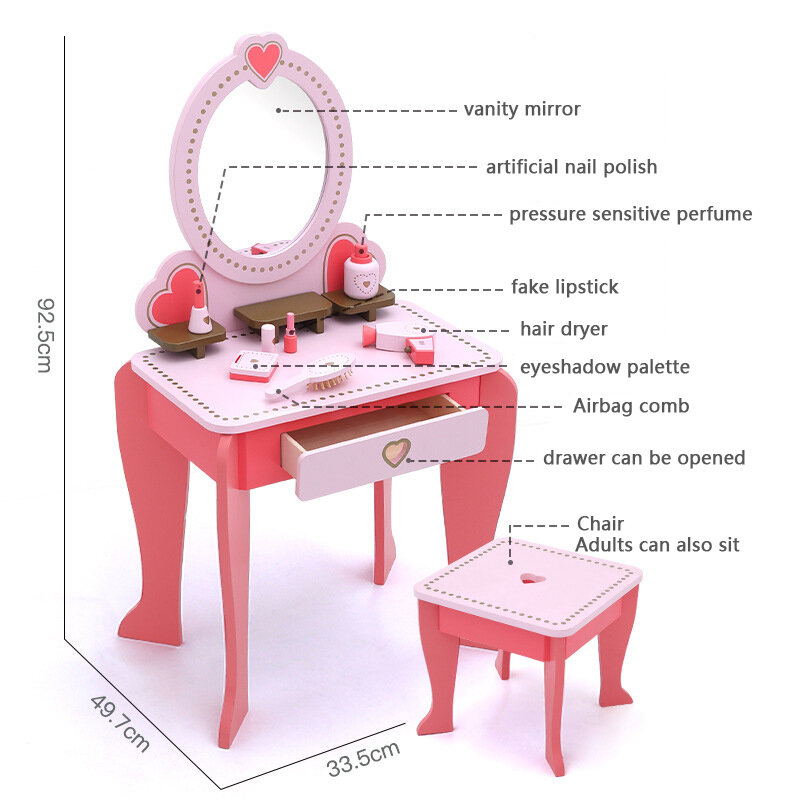 Onshine Wooden Princess Dresser Table Sets Vanity Stool Children Simulation Makeup Toys Baby Role Playing Beauty Girls Gifts 3Y+