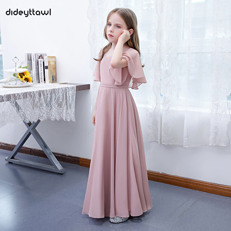 Dideyttawl Dusty różowy długi szyfonowy Junior druhna sukienka plisowane kwiatowe sukienki dla dziewczynek Kid formalne suknie na imprezy urodzinowe