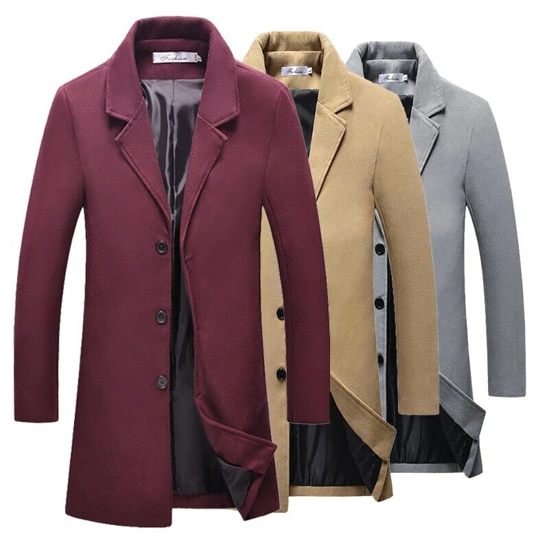 Baru Pria Bisnis Ramping Tengah Panjang Jaket Pria Warna Solid Ukuran Besar Mantel Wol Tahan Angin Mantel Hangat M-5XL
