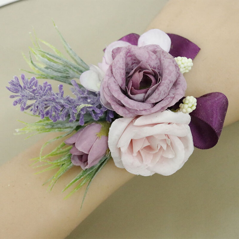 1 Buah Ungu Pernikahan Boutonflety Pernikahan Prom Aksesoris Bunga Pergelangan Tangan Korsase Gelang Mawar Pengiring Pengantin Pria Bunga Tangan