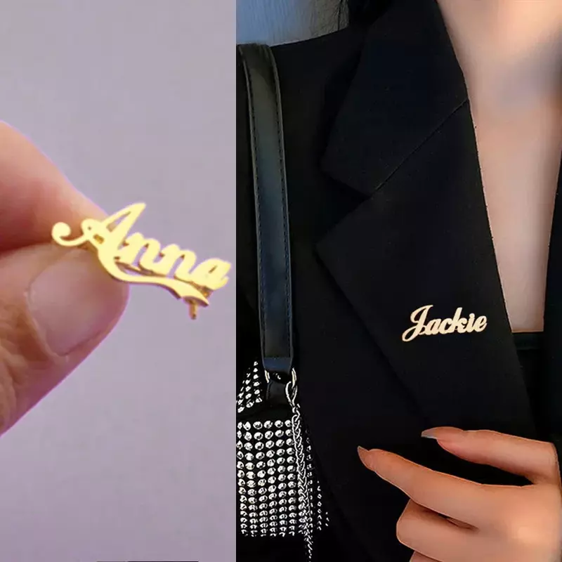 Niestandardowa broszka z imieniem dla kobiet Mężczyźni Spersonalizowane logo ze stali nierdzewnej Spersonalizowane szpilki Broszka z tabliczką znamionową Kobiety Biżuteria ślubna Prezent