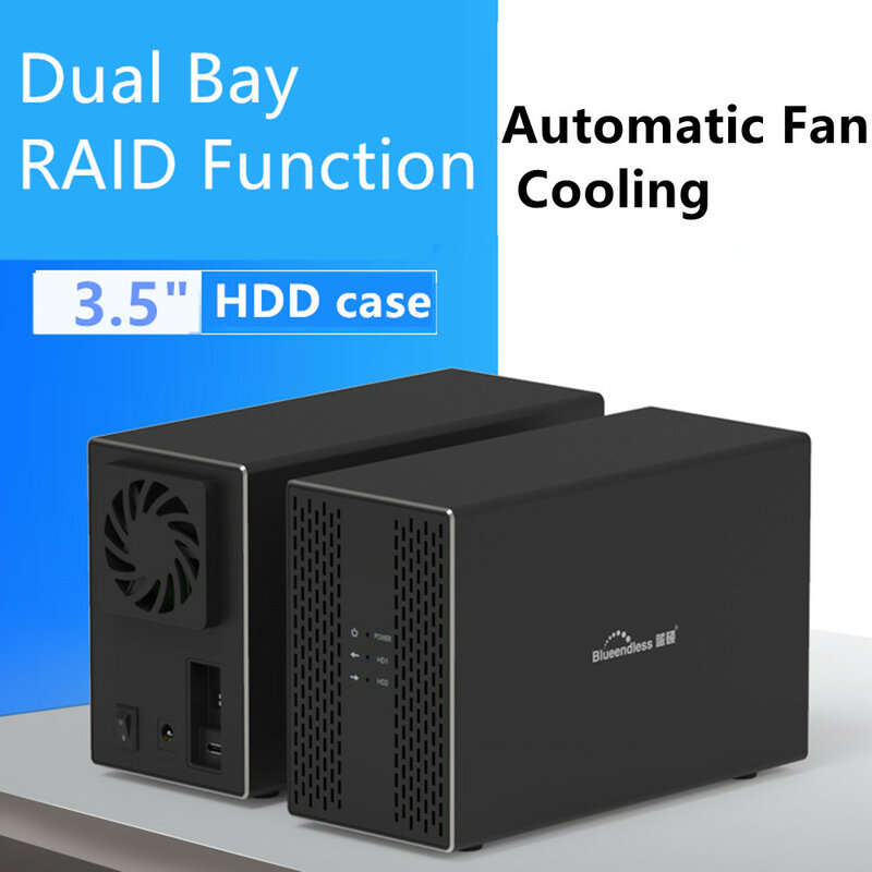 Dual Bay Docking Station, 3.5 ", HDD externo, gabinete de matriz, Sata Hard Disk Array com função RAID, Disk Array Box
