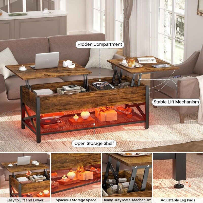 Aheaplus Couch tisch, Lift-Top-Couch tisch mit LED-Licht und Steckdose, moderner Lift-Top-Mittel tisch mit Ablage fach