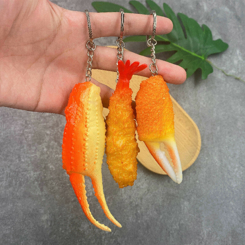 PVC Fun Simulation Food Keychain Creative Fried Crab Pliers Tempura Shrimp Personality Key Ring Buckle Bag Pendant Accessories