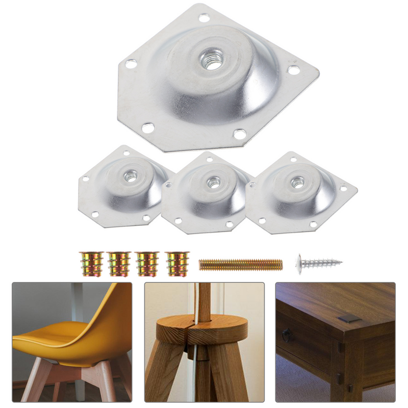Conjunto de pernas de mesa placa de fixação para móveis, jogo de parafusos, conexão de madeira maciça (prata), 4 peças